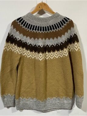 Oversized Peruvian Alpalca Wool Fair Isle Wool Sweater | Mustard & Grey like New
